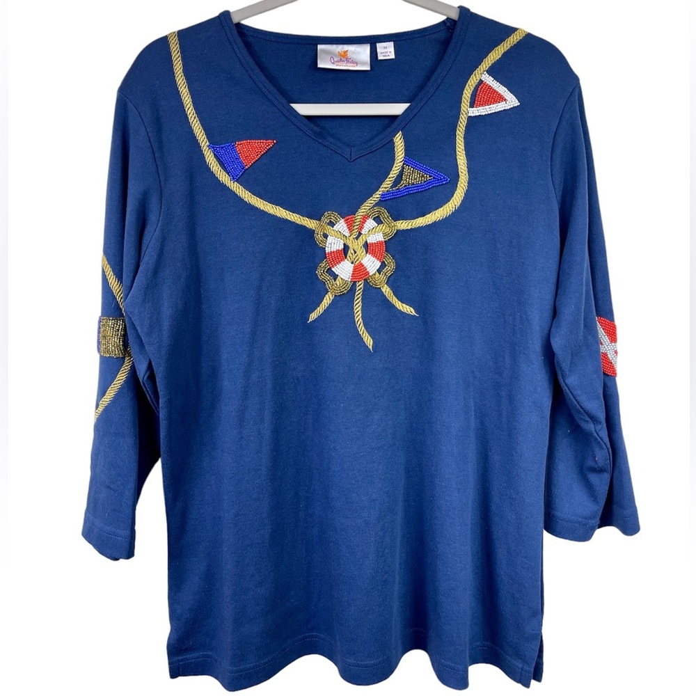 VTG 🛟⛵️ Quaker Factory Navy Blue Nautical Beaded V-Neck Shirt Size M
